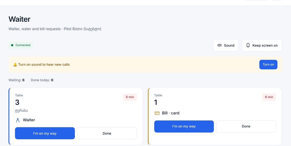 Staff Waiter screen with two open requests: table 3 waiter, table 1 bill by card